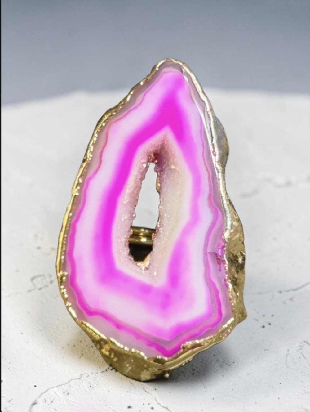 18k Gold Plated Artisan Oversized Hot Pink Agate Druzy Sugar Geode Ring